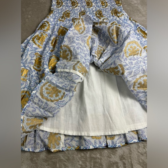 OLIPHANT Smocked Vine Blue Flirty Short Dress Small High Neck Ruffle Cotton - Picture 9 of 14